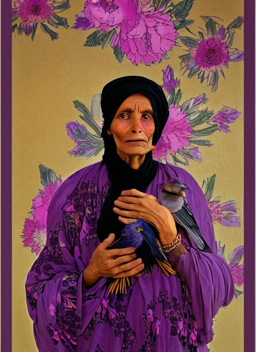 Prompt: flowers pattern on wall, portrait of a old woman, tuareg, nomads, vultures, dark background, purple colour scheme, many peonies, flower buds, birds, full length, masterpiece, dark background, art by caravaggio, alphonse mucha, giger, guyver, cinestill, moviestill, bokeh, tarkovsky, artstation