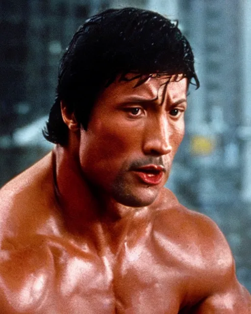 Image similar to Film still close-up shot of Dwayne Johnson as Rocky Balboa from the movie Rocky. Photographic, photography