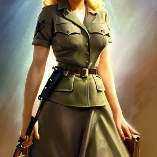 Image similar to A combination of Katheryn Winnick's and Grace Kelly's and Victoria Justice's appearances as a WW2 soldier, full body portrait, western, D&D, fantasy, intricate, elegant, highly detailed, digital painting, artstation, concept art, matte, sharp focus, illustration, art by Artgerm and Greg Rutkowski and Alphonse Mucha