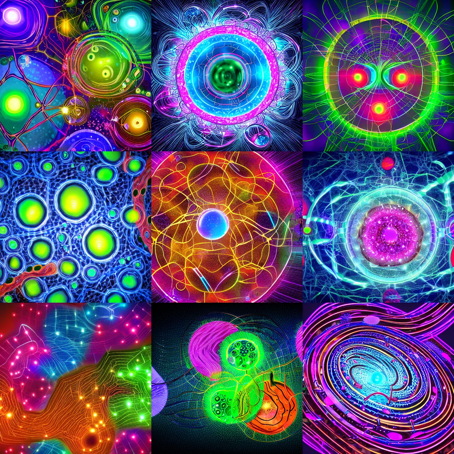 Prompt: quantum connections represented as symbiotic organisms like cells playing around with colorful lights, abstract, concept art