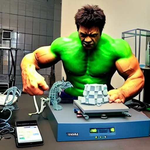 Prompt: the hulk tinkering with his new 3d printer