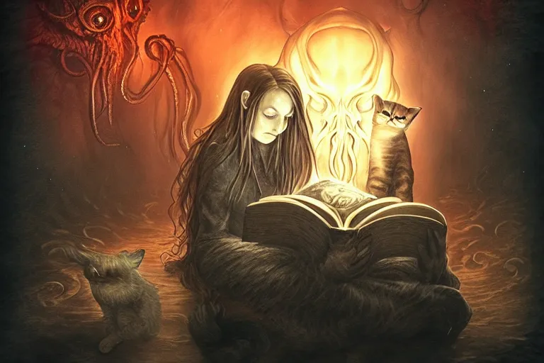 Image similar to romantic photo of bright girl, her cat and her book of necronomicon, symmetrical, cinematic, real dlsr photography, sharp focus, 4 k, ultra hd, sense of awe, sinister demonic atmosphere, dreadful, forbidden knowledge, old gods, cthulhu, yog - sothoth! yah, yah, yah! cultist journal cover