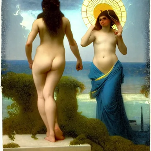 Image similar to Silhouette of two girls at the palace, thunderstorm, greek pool, beach and palm trees on the background major arcana sky, by paul delaroche, alphonse mucha and arnold böcklin arnold böcklin hyperrealistic 8k, very detailed