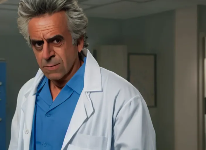 Image similar to film still of rick sanchez lab coat blue shirt in the new scifi movie 4 k