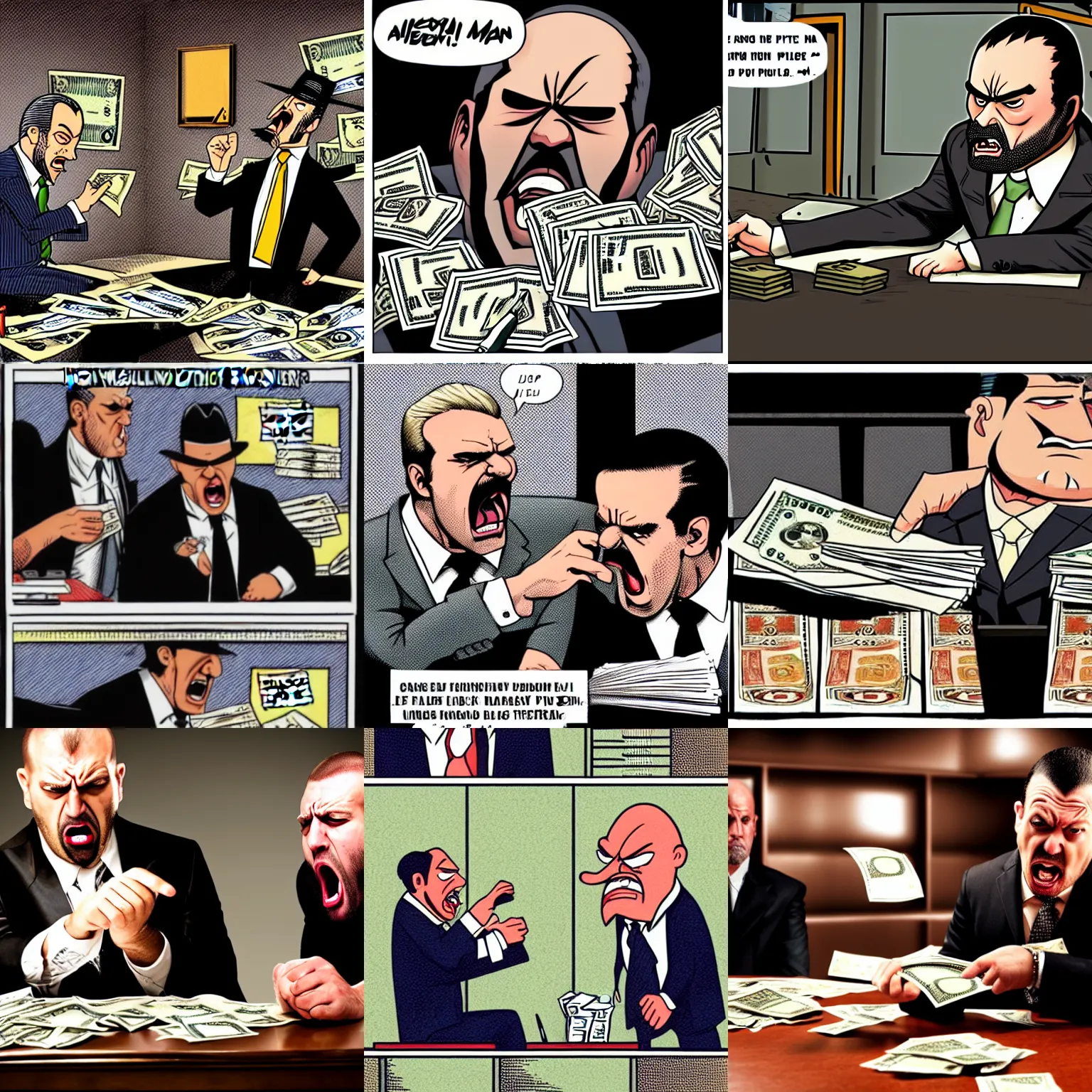 Prompt: angry mafia man yells across a desk at annother man. Piles of money. Fine pen, Doug Hill Style