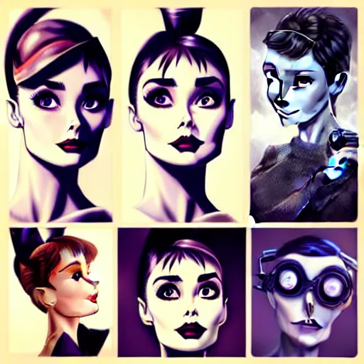 Image similar to in the style of diego fazio, artgerm, beautiful audrey hepburn, steampunk, elegant pose, middle shot, spooky, symmetrical face symmetrical eyes, three point lighting, detailed realistic eyes, short neck, insanely detailed and intricate elegant