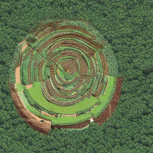 Prompt: top view of an illustration of an architectural plan view of a labyrinth of the deforestation in amazona crisis