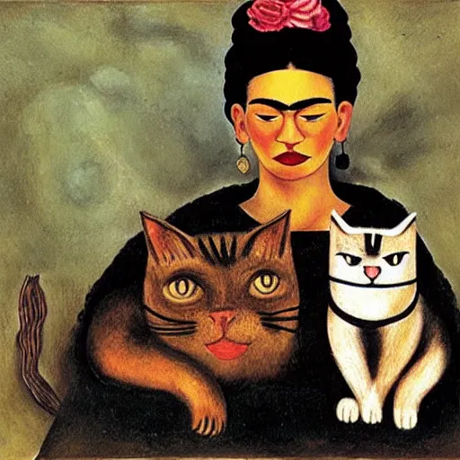 Image similar to a woman and a cat by a fire by frida kahlo