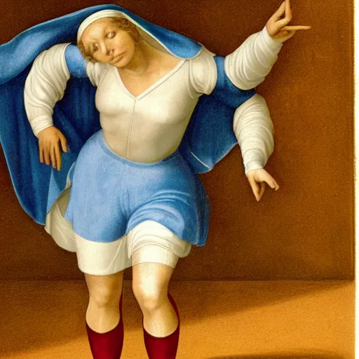 Image similar to blonde nun in blue clothes on roller skates, body shot, in the style of michaelangelo