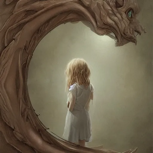 Image similar to a little girl looking at her adult reflection in the mirror, in the style of peter mohrbacher by weta digital and beth cavener, high face symmetry, intricate, masterpiece, award winning, high face symmetry, intricate