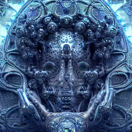 Image similar to cybernetic deity with neural network mind tripping on acid, intricate detail, royo, whealan, giger, klimt, hd, octane render, unreal engine,