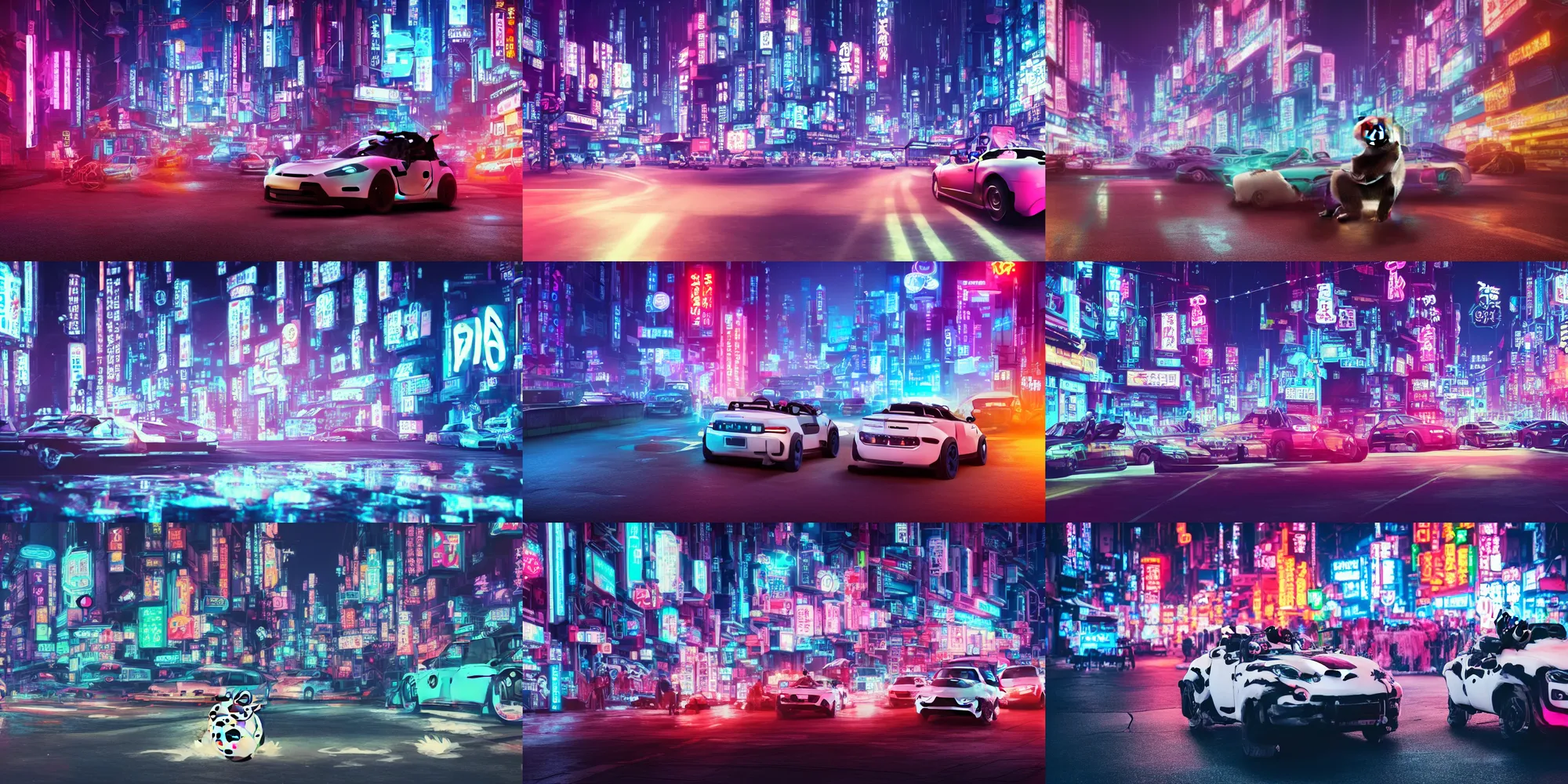 Prompt: a city of pandas, where there is a cute panda wearing sunglasses and driving a roadster made of white fur in the street, Cyberpunk, neon light, 4k, hd, highly detailed