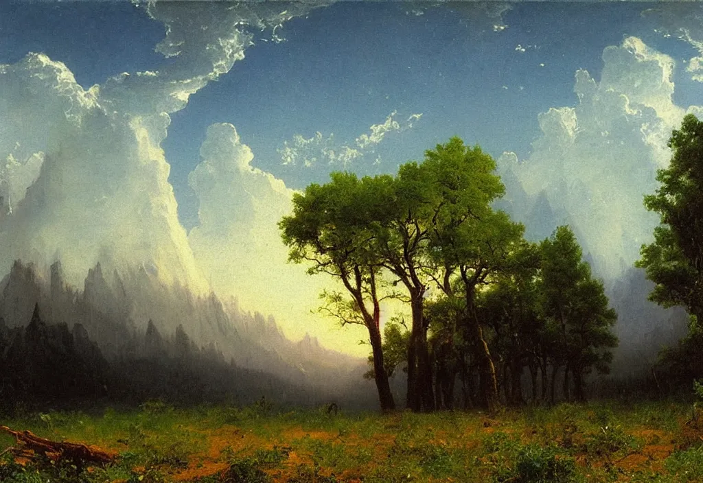 Image similar to “an original painting by Albert Bierstadt”