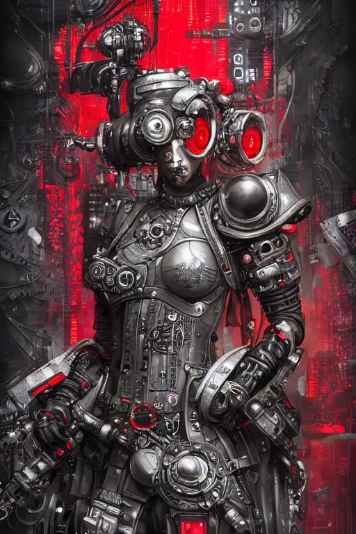 Prompt: Portrait of a cyberpunk steampunk dieselpunk sci-fi cyborg ninja, third person, D&D, sci-fi fantasy, pistons and bolts, intricate, black and red, highly detailed, art by Range Murata, highly detailed, 3d, octane render, bright colors, digital painting, trending on artstation, sharp focus, illustration style of Stanley Artgerm, highly detailed background in a cinematic style