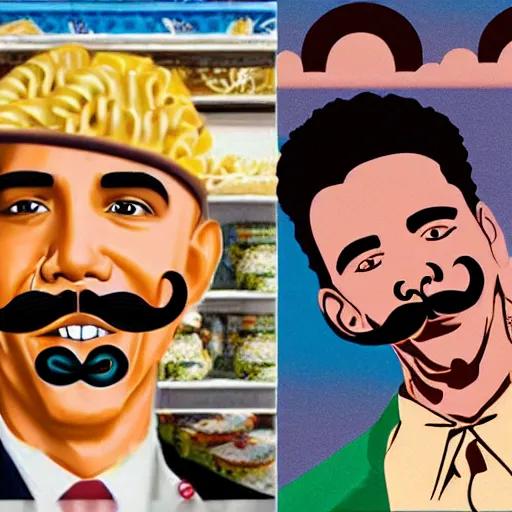 Prompt: Obama with a mustache eating pasta, vaporwave