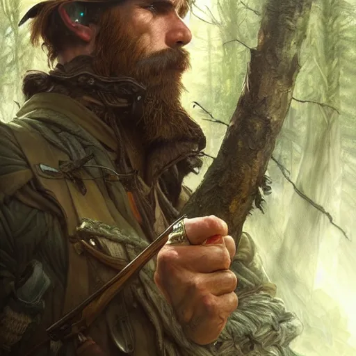 Image similar to portrait of rugged male ranger in the forest, masculine, D&D, muscular, fantasy, intricate, elegant, highly detailed, digital painting, artstation, concept art, smooth, sharp focus, illustration, art by artgerm and greg rutkowski and alphonse mucha