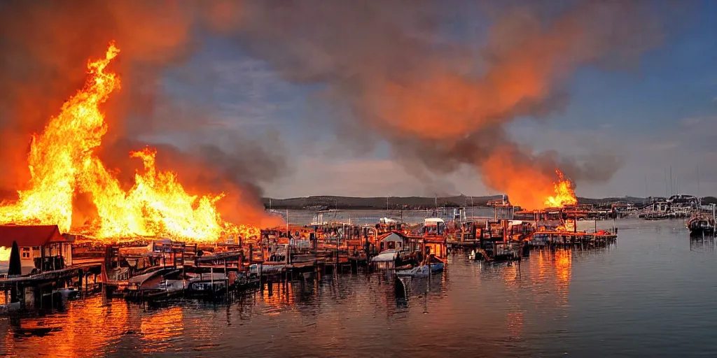 Prompt: boat harbor on fire by david burton