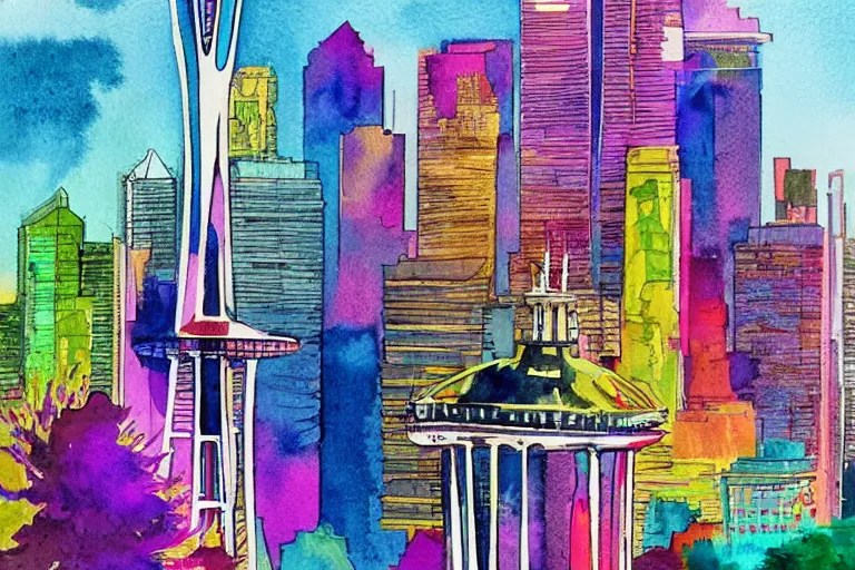 Image similar to !! watercolor!! seattle in a sunny day, artwork by tooth wu, colorful contrast,!!!! very coherent!!!!, dark shadow, thick lineart