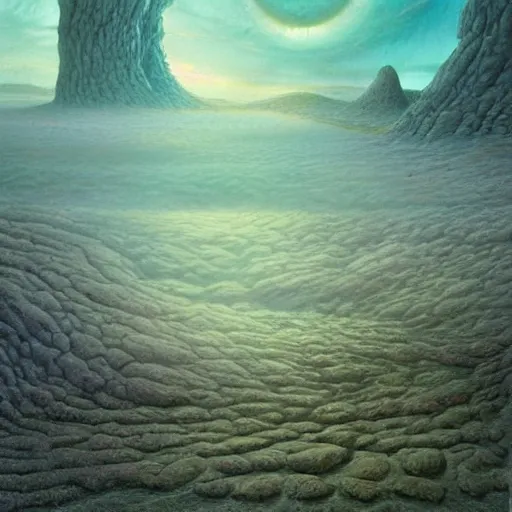 Image similar to artistic digital artwork of an epic natural scene on an alien planet. beautiful landscape by vincent bons, michael whelan, remedios varo and gerardo dottori. grainy and rough. interesting pastel colour palette. beautiful light. oil and water colour based on high quality render.