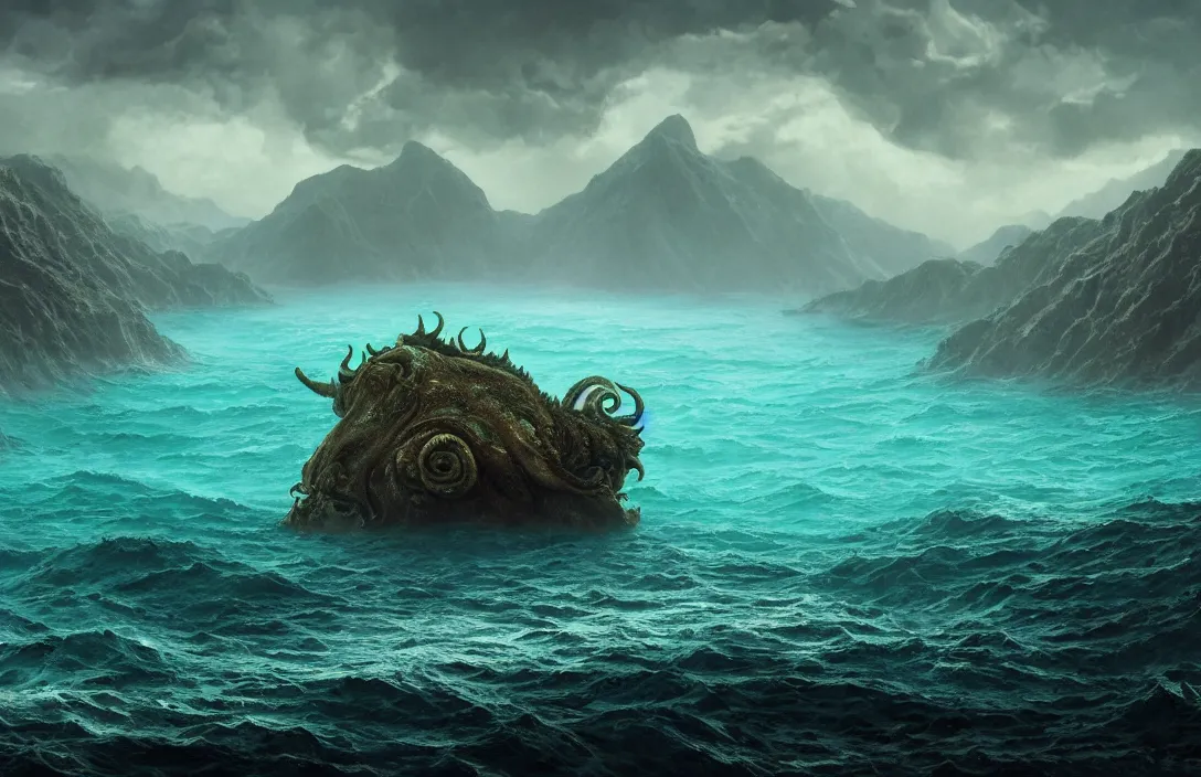 Prompt: huge gigantic cthulhu over a dark blue turquoise ocean, ultrawide shot, hyperreal phantastic misty landscape, in the style of dylan cole, mountains in background, intricate details in environment, luminance, golden ratio, high aestehtic, cinematic light, godrays, distance, clear atmosphere, photobash, wideangle, albert bierstadt, hyperreal 4 k