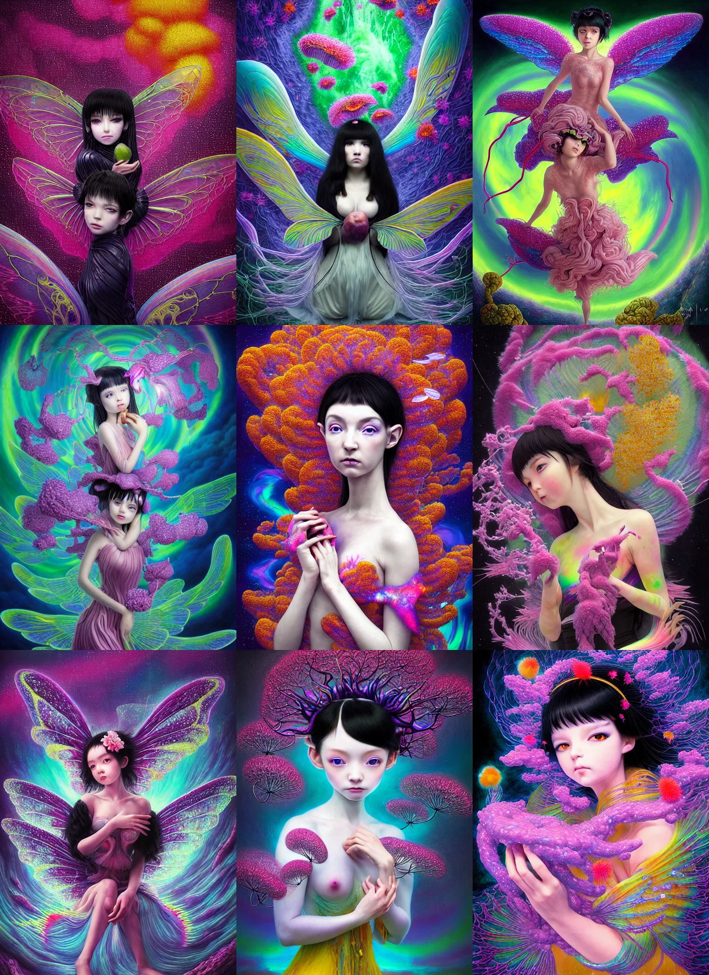 Prompt: hyper detailed 3d render like a Oil painting - kawaii action portrait Aurora (black haired flying winged Fae demon) seen Eating of the Strangling network of yellowcake aerochrome and milky Fruit and Her delicate Hands hold of gossamer polyp blossoms bring iridescent fungal flowers whose spores black the foolish stars by Jacek Yerka, Mariusz Lewandowski, Houdini algorithmic generative render, Abstract brush strokes, Masterpiece, Edward Hopper and James Gilleard, Zdzislaw Beksinski, Mark Ryden, Wolfgang Lettl, hints of Yayoi Kasuma, octane render, 8k