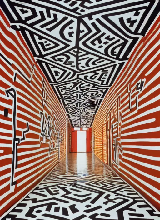 Image similar to photograph of a hallway decorated by Keith Haring, architecture magazine, dezeen, 50mm, pentax, film