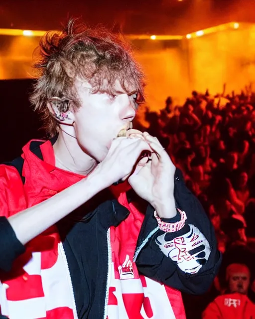 Image similar to “ extremely detailed photo of bladee eating kfc on stage at the drain gang concert ”