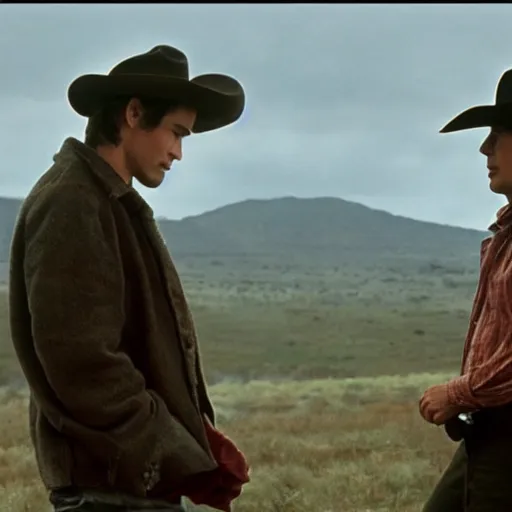 Image similar to a romantic love scene from brokeback mountain starring josh hartnett as ennis del mar and heath ledger as jack twist