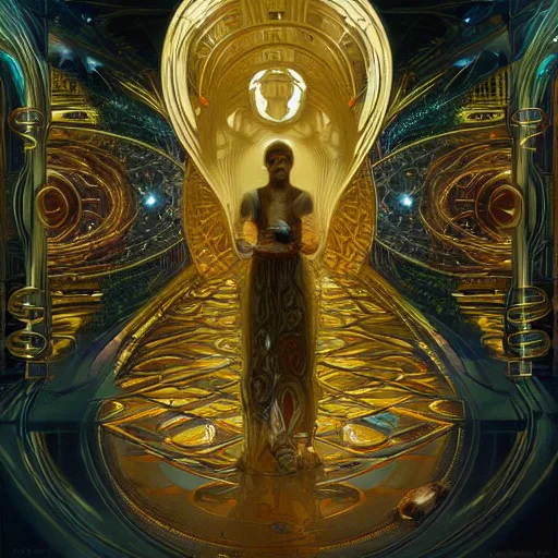 Image similar to hyper realistic golden quantum computer the size of a city , art by artery and Greg Rutkowski and alphonse mucha, sci-fi, fantasy, intricate, ornate, very very beautiful, elegant, highly detailed, digital painting, artstation, concept art, smooth, sharp focus, masterpiece , post-processing.