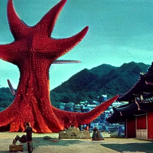 Image similar to a giant Kaiju Starfish Monster over a traditional Korean village, minimal cinematography by Akira Kurosawa, hyperrealistic movie filmstill, film noir, thriller produced by Kim Jong-il