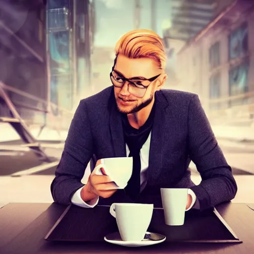 Image similar to startup CEO having a cup of coffee. Handsome!!!!!!! sci-fi concept art photorealistic!!!!!