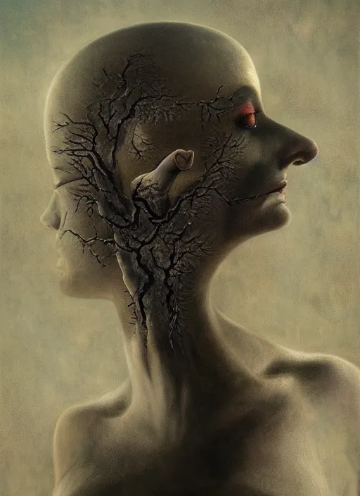 Image similar to dramatic matte portrait painting of woman with black mandelbrot fractal instead of face, in style of zdzisław beksinski, horror, body horror, dark art, 4 k, detailed, realistic, psychotic, insane, crazy, mental illness, dramatic,