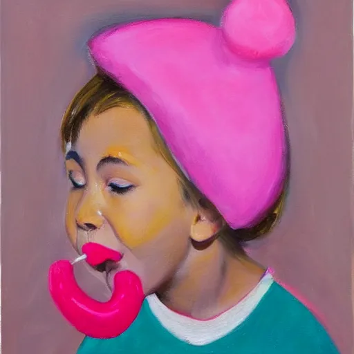 Image similar to A cute girl blowing gum in her mouth, wearing a pink hat, oil painting