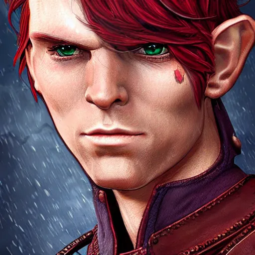 Prompt: character portrait, D&D, male half-elf, artificer, short red mohawk, artstation, ultra detailed, todd lockwood