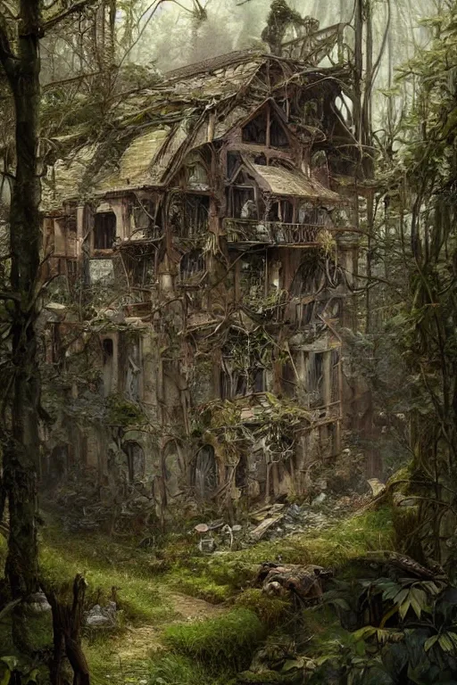 Prompt: an abandoned and overgrown ramshackle multistory hut in the woods, intricate, elegant, fantasy, highly detailed, digital painting, concept art, sharp focus, illustration, artstation, art by James Gurney