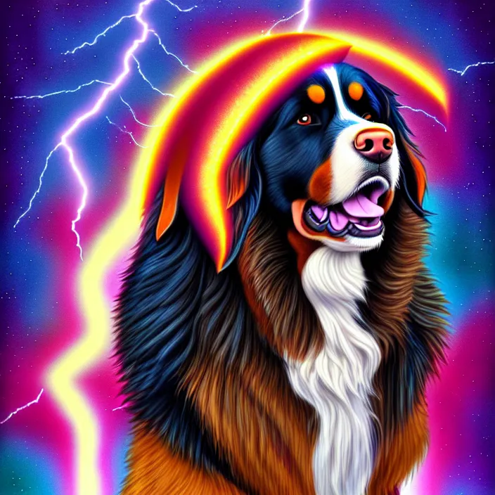 Prompt: an anthropomorphic male bernese mountain dog ( wearing a toga ), shooting lightning bolts, by alex grey, intricate details, artstation, furry, psychedelic, hd, beautiful