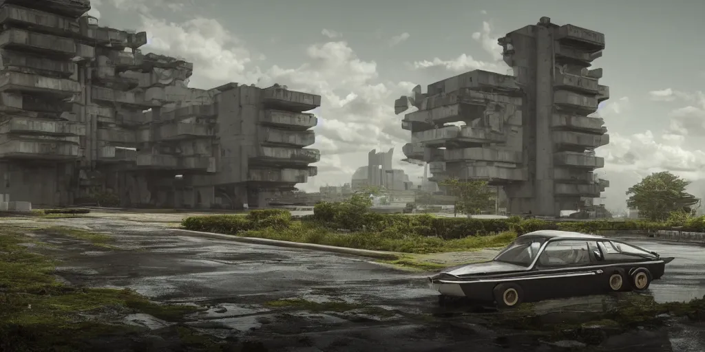 Image similar to highly detailed futuristic car, on the background brutalist architecture by Le Corbusier, abandoned buildings, empty streetscapes, surrounded by lush green vegetation, ground-level view, puddles of water, stunning volumetric lighting, sunset, trending on Artstation, 8k, photorealistic, hyper detailed, unreal engine 5, cinematic, epic lighting, cryengine, octane render, nvidia ray tracing, cyberpunk, red and orange glow, dark, gloomy