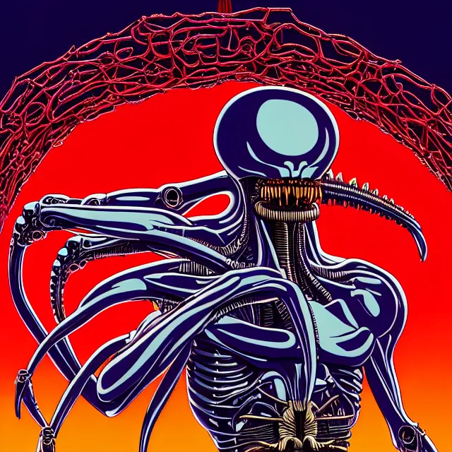 Prompt: full profile of evangelion xenomorph as circular vitruvian man by james jean and moebius, biomechanical, ultra wide angle, full body, no crop, golden ratio, ultra details, in the style of shusei nagaoka