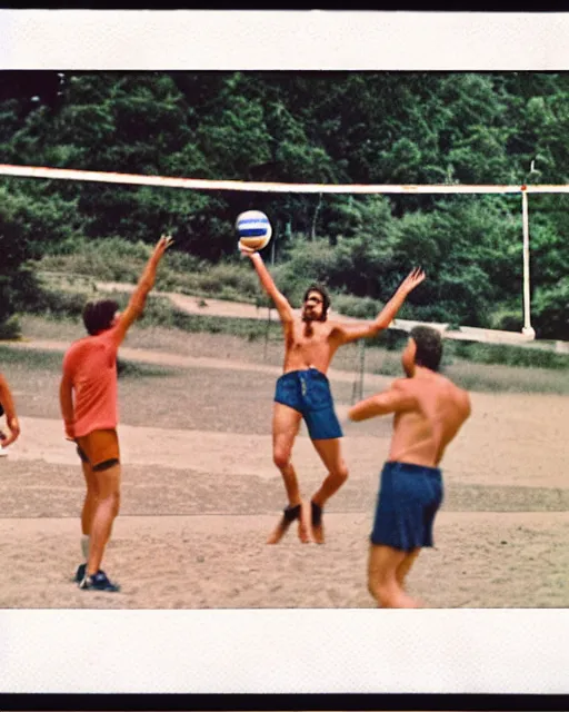 Image similar to jesus plays volleyball with his boyfriends polaroid instamatic summer 1 9 7 4