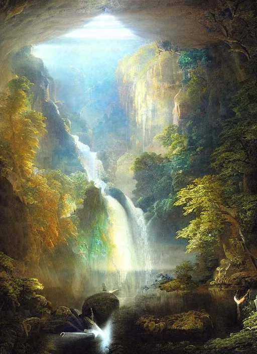 Image similar to a deep cave entrance, waterfalls, harmony of nature, infinite dawn, angelic light, sparkling dew, epic atmosphere, by asher brown durand, by yoshitaka amano