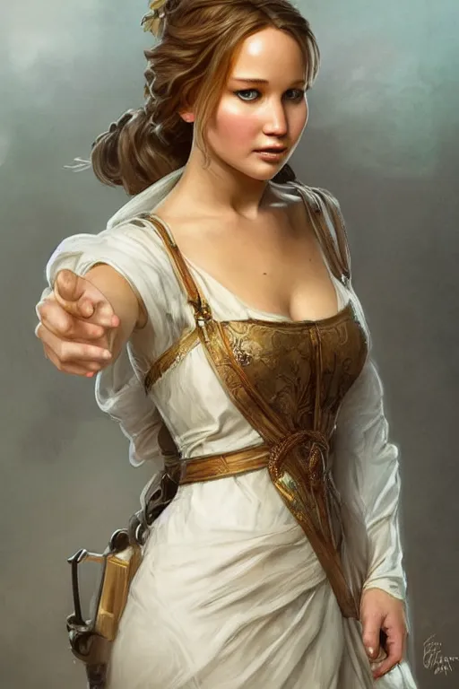 Image similar to portrait of jennifer lawrence as a dainty maid, half body, d & d, fantasy, intricate, elegant, highly detailed, digital painting, artstation, concept art, art by artgerm and greg rutkowski and alphonse mucha