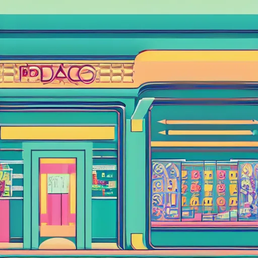 Image similar to art deco vaporwave illustration of a mall board game store in pastel and bright colors