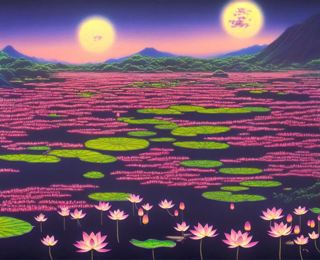 Prompt: a landscape pastel in the style of noriyoshi ohrai and mark tedin of a holy field of lotus flowers, night time. key art. 4 k retrofuturistic fantasy