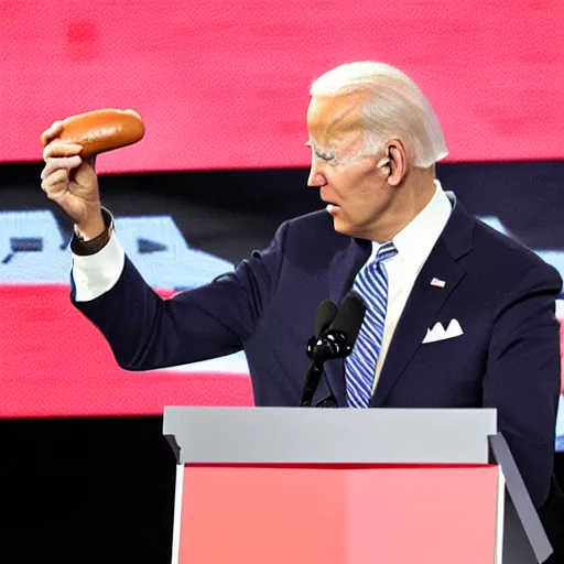 Prompt: joe biden accidentally uses a hot dog as a microphone at presidential debate