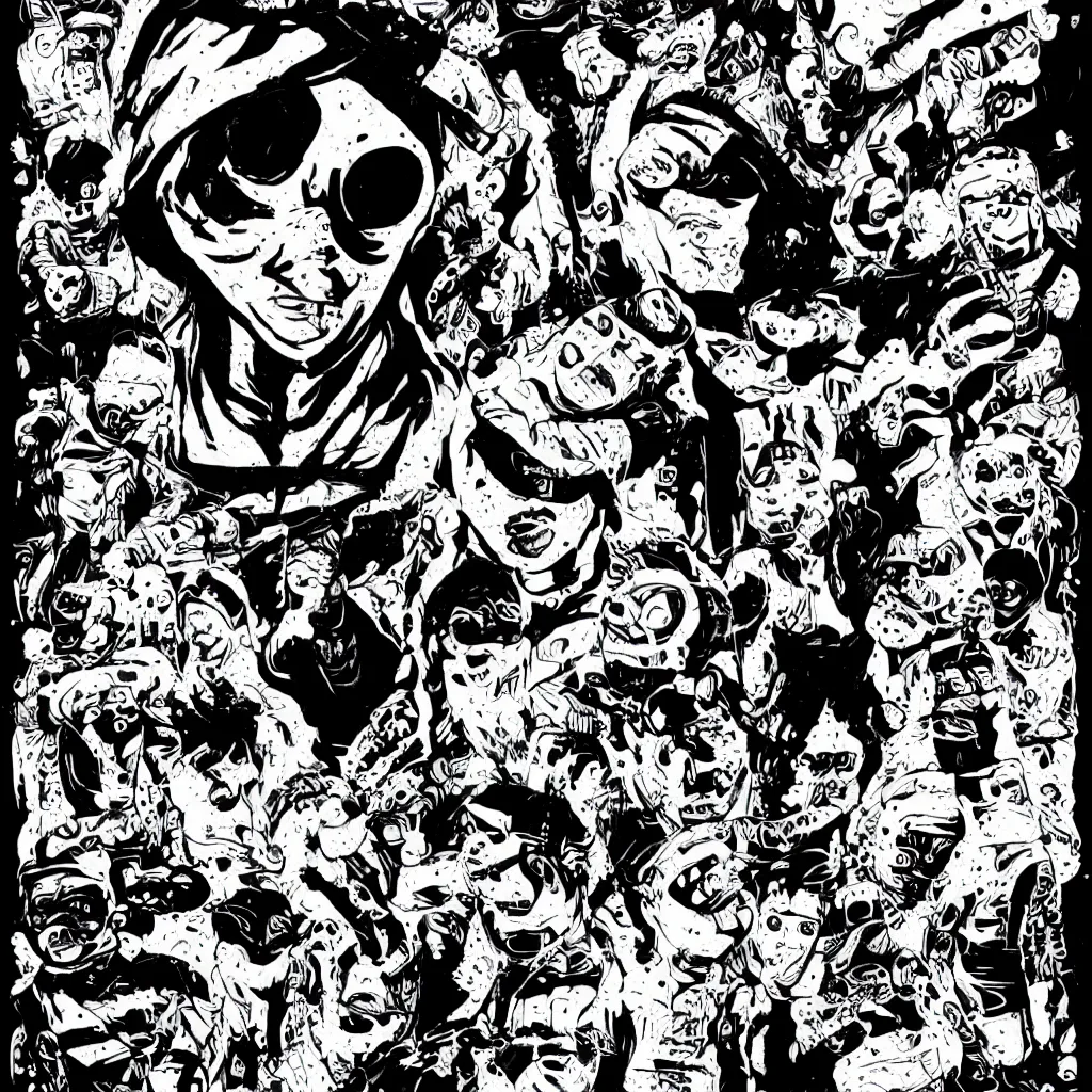 Image similar to faceless human figures, kazuo umezu artwork, jet set radio artwork, stripes, tense, space, skimask, balaclava, ominous, minimal, cybernetic, cowl, ink, acrylic, dots, stipples, lines, hashing, thumbprint, dark, eerie, circuit board, crosswalks, guts, folds, tearing, painting