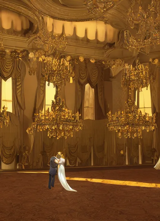 Prompt: highly detailed digital illustration of a newly married king and queen dancing in the grand ballroom of a fantasy castle | fantasy art, cryengine, concept art, photorealism, daz 3 d, sketchfab, zbrush, vray, rule of thirds, golden ratio