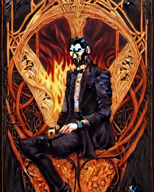 Image similar to tom ellis ( lucifer ) portrait sitting in a burning chair, art nouveau, fantasy, intricate flower designs, elegant, highly detailed, sharp focus, art by artgerm and greg rutkowski and wlop