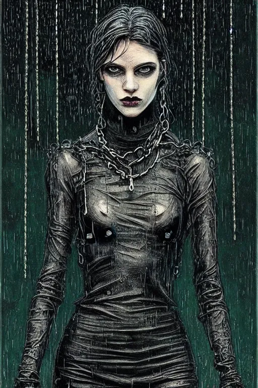 Prompt: dreamy gothic girl, black leather slim clothes, chains, strong rain night, beautiful body, detailed acrylic, grunge, intricate complexity, by dan mumford and by alberto giacometti, peter lindbergh