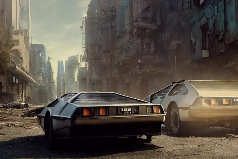 Image similar to highly detailed photorealistic rendering of the delorean from back to the future parked on the streets of a cyberpunk abandoned city, futuristic post - apocalyptic vibe, by greg rutkowski and stanley artgerm and alphonse mucha, octane, sharp focus, hyperrealistic, unreal engine 5, vray, masterpiece