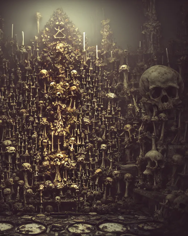 Image similar to full color, low wide shot of sedlec ossuary, bones, anime style mixed with fujifilm, dark, foggy, atmospheric, artstation, cgsociety, octane render, cgi, unreal engine 5, denoise, detailed, cinematic masterpiece